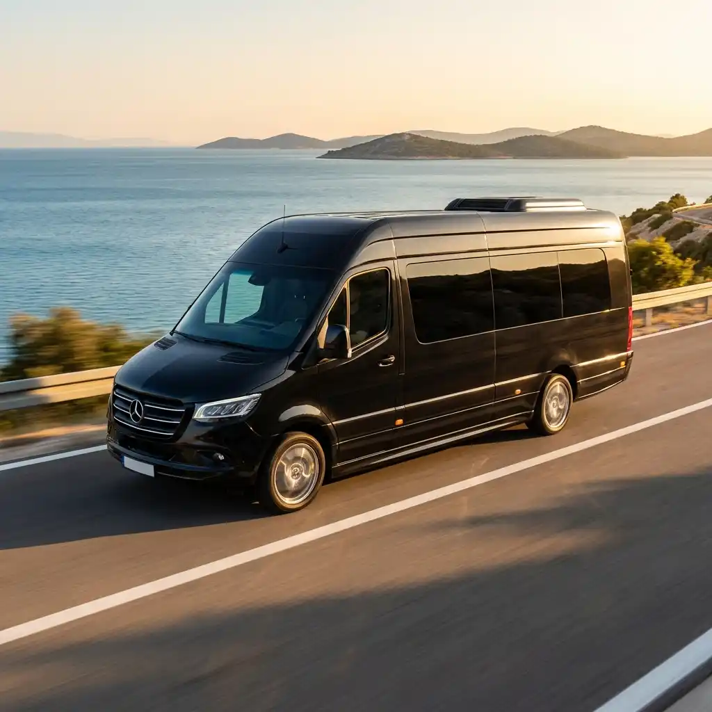 Mercedes Sprinter kombi na primorskom auto-putu tokom zalaska sunca